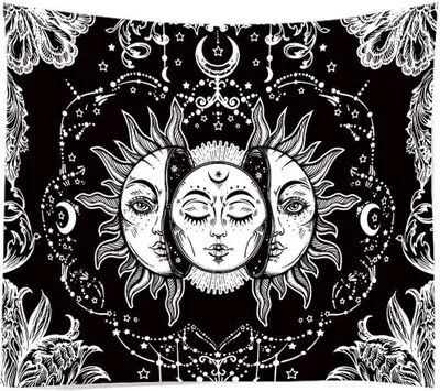 Image de Tapisserie Soleil Et Lune Noir Et Blanc Dieu Brûlant Du Soleil Avec Des Étoiles Tapisserie Psychédélique Pour Chambre Salon Décoration (230 x 180 cm,Couleur 6)