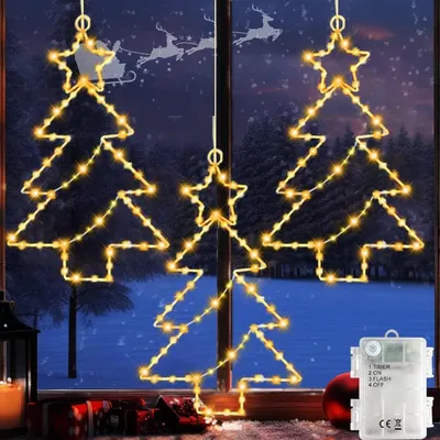 Produktbild von Lichterkette Fensterbeleuchtung Weihnachtsstern - Batteriebetrieben - 8 Lichtmodi - Timer - 60 LEDs - 3er Set