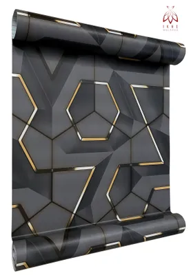 A roll of wallpaper with a geometric 3D pattern.