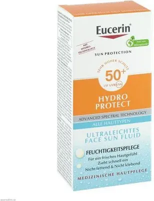 A product box for Eucerin Sun Fluid Hydro Protect Face Lsf 50+.