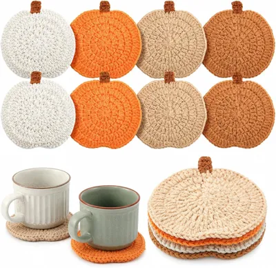 Productafbeelding van Pompoenonderzetters - 10 cm - Handgemaakte pompoenonderzetters voor herfst - K-pompoen - Handgemaakte bekermatten - Voor herfst - Thanksgiving