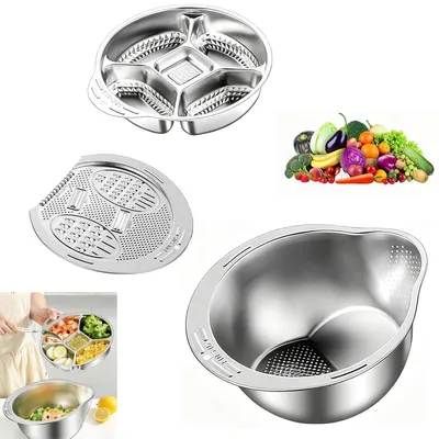 Produktbild von Reiswaschschüssel mit Gemüseeinsatz, Edelstahl-Spülschüssel, kleines Reissieb, Küchenutensil zum Reinigen von Quinoa, Gemüse, Obst und Bohnen