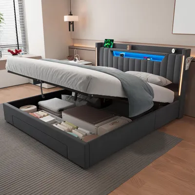 Produktbild von MODFU Doppelbett 160 × 200 Samt Polsterbett mit Bettkasten-Schublade,Jugendbett mit großem Stauraum, LED-Licht und Kopfteilregal,modernes Stauraumbett,ohne Matratze, Grau