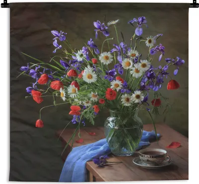 Produktbild von MuchoWow® Wandteppich Wandbehang Blumen - Tee - Stilleben 150x150 cm Tapisserie Dekoration Wandtuch - Wohnaccessoires - Modernes