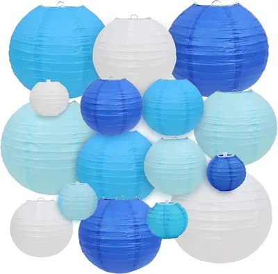 Productafbeelding van 16 stuks papieren lantaarns, blauw en wit, decoratieve lampions, ronde blauwe en witte papieren lampions, evenementdecoratie voor feest, bruiloft