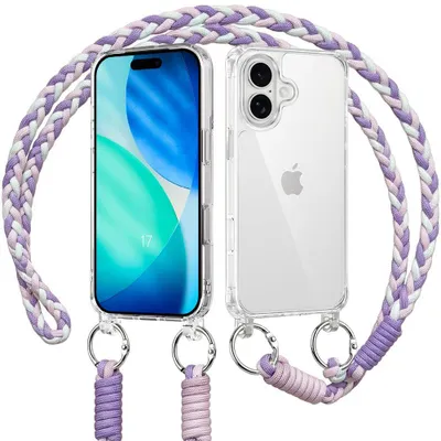Image de Coque pour iPhone 17, Protection Anti-Rayures Rigide Transparent avec Cordon Blanc Violet