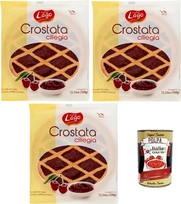 Produktbild von Lago 1968, Crostata alla Ciliegia, Flowpack, Törtchen, kuchen mit Kirschmarmelade, Merkstufegebäck, italienischem snack Produkt ohne Palmöl 3x 350g + Italian Gourmet polpa 400g