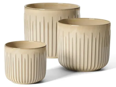 Image de Lot de 3 pots en céramique beige, de 21 cm, 17 cm et 14 cm, avec trous de drainage, pour plantes d'intérieur