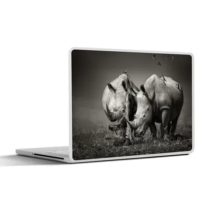 Produktbild von MuchoWow® Laptop Aufkleber Sticker Cover Nashorn - Vogel - Tiere - Landschaft - Schwarz und weiß 30x22 cm - Laptop-Sticker