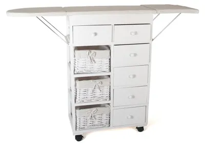 Produktbild von DRW Bügeltisch aus Holz mit Schubladen und Klappflügeln 122,5 x 30 x 83,50 cm