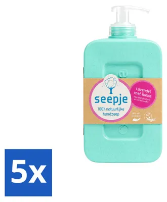 Imagen del producto de 5 unidades de jabón líquido para manos Seepje, aroma lavanda y tonka, 300 ml cada uno. Paquete económico