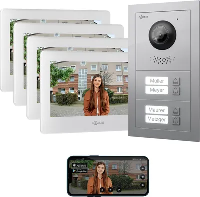 Produktbild von GOLIATH Basic 2-Draht BUS Türsprechanlage | FullHD | App | 150° | 4 Fam | Silber/Weiß | Unterputz