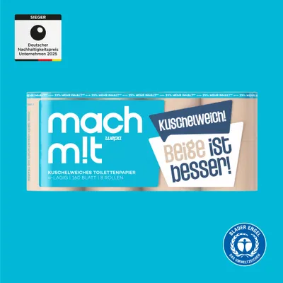 Produktbild von mach m!t PURE Toilettenpapier 4-lagig - extra weich - frei von Bleichmitteln - 8 Rollen - hergestellt in DE aus recyceltem Karton