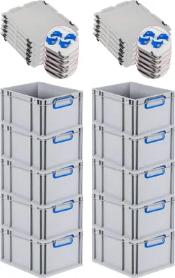 Produktbild von SparSet 10x Eurobox NextGen Color mit Auflagedeckel und Schiebeschnappverschlüsse | HxBxT 22x30x40cm | 20 Liter | Grau | Griffe blau geschlossen | Glatter Boden | Eurobehälter, Transportbox, Transportbehälter, Stapelbehälter