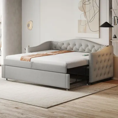 Produktbild von Merax Polsterbett Tagesbett Ausziehbar 90x200cm aus Leinen, Schlafsofa mit Knopf-Design und USB-Ladeanschluss, Kinderbett mit Metallrahmen, Grau