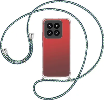 Produktbild von Handykette Backcover-Schutzhülle mit Band (Metall silberfarben) für Xiaomi 14 Pro (23116PN5BC) - grün/blau/weiß