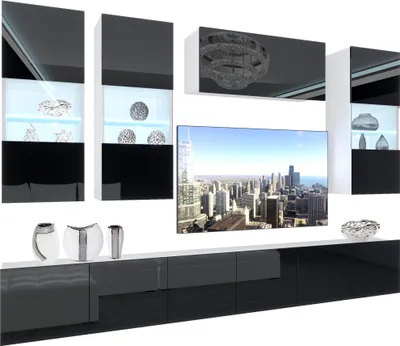 Immagine prodotto di BELINI Set di pareti attrezzate per il soggiorno Parete attrezzata moderna con illuminazione a LED Bianco lucido Parete attrezzata mobile TV Nero lucido