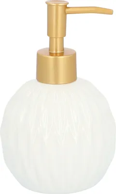 Produktbild von QUVIO Seifenspender - Rund - Seifenpumpe - Seifenspender - Ständer - Duschspender - Desinfektionsmittelpumpe - Keramik - Mit Metallpumpe - Weiß mit Gold - 400 ml