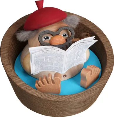 Ein lustiger Räucherfigur-Opa namens Albert sitzt in einer Badewanne mit einem roten Hut auf dem Kopf liest eine Zeitung mit einer Lesebrille und hat seine Füße im Wasser während er entspannt wirkt
