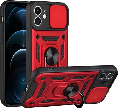 Produktbild von iPhone 12 Hülle mit 360° Drehbarer Magnetische Ring Ständer Halter Dia Kameraschutz TPU Bumper Silikon Schutzhülle für iPhone 12 Rot