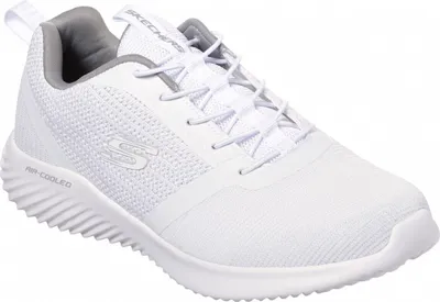 A white Skechers men's sneaker is shown from a side-angle on a white background.