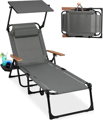 Produktbild von Sonnenliege Klappbar mit Dach, Gartenliege Wetterfest mit Armlehne und verstellbarer Rückenlehne, Liegestuhl Balkon mit Getränkehalter, belastbarkeit 150 kg, Outdoor Liege für Garten, Balkon & Strand