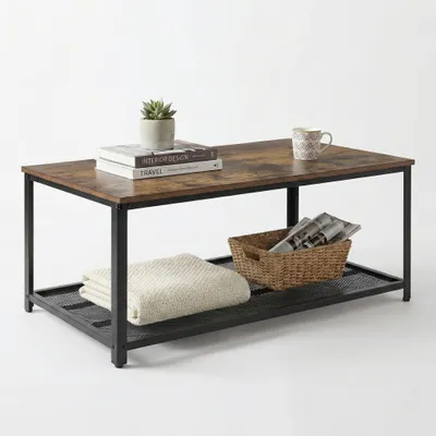 Image de IvoQ Table Basse Industrielle - 106x60 cm - Aspect Bois Vintage & Métal Noir - Avec Étagère en Treillis - Table de Salon Robuste - Montage Facile & Ra
