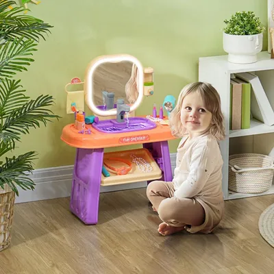 Produktbild von Kinderfrisiertisch mit LED-Spiegel Musik und Acrylspiegel Schminktisch Spiegel 55x29x71cm Lila