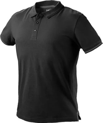 A black polo shirt is shown against a white background.