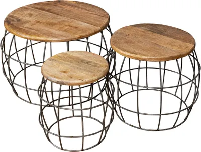 Produktbild von 3er Set Couchtische Mango Rund Natur Eisen Schwarz Design Holz Beistelltisch