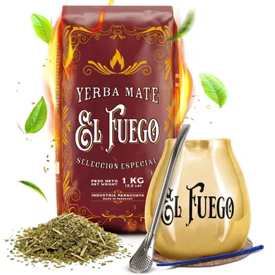 Produktbild von El Fuego - Mate Tee Set Elaborada 1kg - Gold Keramik Mate Becher 350ml Mit Bombilla - Yerba Mate Extra Starker Wachmacher - Rauchgetrocknet Mit Staub