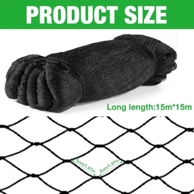 Obrázek produktu pro Ochranná síť pro ptáky, rozměry 15 x 15 metrů, velikost oky 5 x 5 cm, černá, pro použití v zahradě