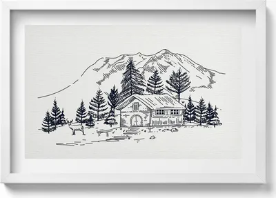 Produktbild von Zeichnung einer Hütte in den Bergen– Wandbild mit Rahmen – Gerahmtes Bild  – Wanddekoration – 60x40 cm –  Schwarz Rahmen