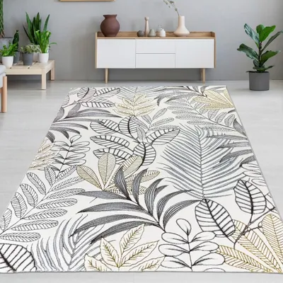 Produktbild von Kurzflorteppich Creme Blätterdesign mit Glanzoptik modern strapazierfähig für Wohnzimmer und Schlafzimmer Größe - 200 x 290 cm