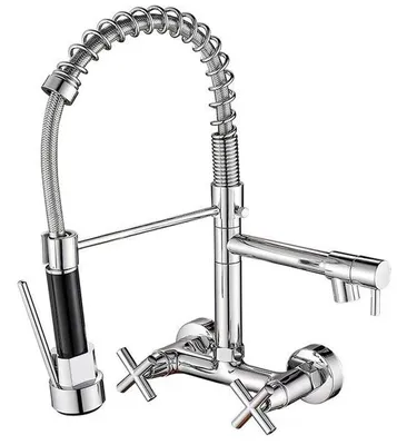 Produktbild von Küchenarmatur für Wandmontage - 8 Zoll, ausziehbarer Sprühkopf, 2 Ständer, Einhandbedienung, hochgebeugt, Chrom