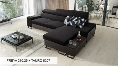 Produktbild von Ecksofa L-Form Sofa mit Ottomane MELODIE I MINI im modernen Stil mit Schlaffunktion SCHWARZ FREYA 210.25 + TAURO 8207