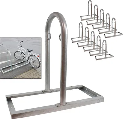 Produktbild von 10 x Fahrradanlehnbügel 90 x 84 cm Stahl feuerverzinkt Ø 49 mm grau freistehend Fahrradständer Parker Typ U