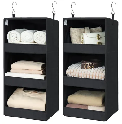 Image de Armoire suspendue à 3 compartiments, lot de 2, étagère suspendue pliable en tissu, rangement suspendu noir