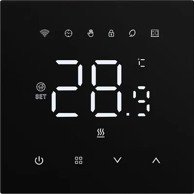 A digital thermostat display showing the temperature and various icons.