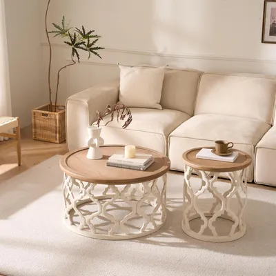 Immagine prodotto di Tavolino da caffè rotondo, set da 2, diametro 76/45 cm, legno massello, bianco anticato