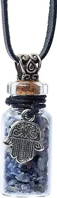 Image de Bouteille cadeau en verre sur corde avec lapis-lazuli et khamsa – lot de 5 pièces – 3,6 cm