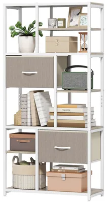 Produktbild von 6-stufiges Bš¹cherregal mit 2 Stoffschubladen und 9 offenen F?chern, 72,5 x 30 x 150 cm, wei?