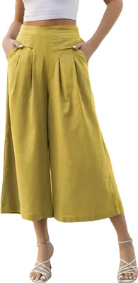 Produktbild von ASKSA Damen Palazzo Hose Leichte Weites Bein Hose Culottes Hosen mit Taschen Freizeithose Sommerhose, Gelb, L