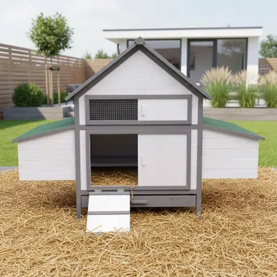 A white and gray chicken coop with a green roof sits on a bed of straw in a grassy yard, with a modern building and fence in the background.