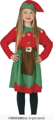 A young girl wearing a Christmas elf costume.