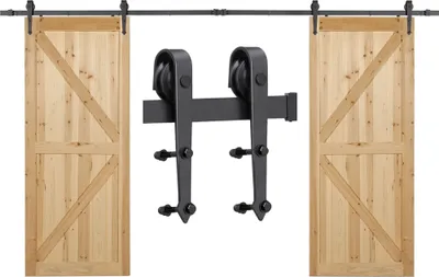 Two wooden barn doors with black sliding hardware are displayed against a white background.