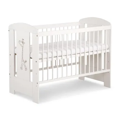 Produktbild von Weißes Babybett 120x60 cm mit Giraffen Motiv, Höhenverstellbares Gitterbett aus Holz mit Schlupfsprossen, Babyzimmer Erstausstattung