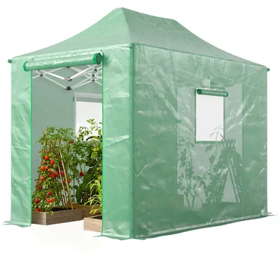 Produktbild von Foliengewächshaus Tomatenhaus, Pop-up Gewächshaus faltbar mit Satteldach, PE-Folie 140 g/m² UV-beständig, Grün  |  22 kg  |  295x200x270 cm