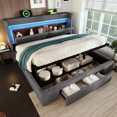 Image de Lit tapissier 140x200 cm avec éclairage LED, structure de lit hydraulique avec ports USB et USB-C, lit avec 1 tiroir, tête de lit avec compartiment de rangement, lit simple, sans matelas, couleur gris