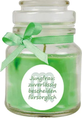 Produktbild von HS Candle "Sternzeichen" Duftkerze Kokos im Bonbonglas ( Jungfrau ) - viele Motive zur Auswahl, 120g - Brenndauer bis zu 30 Std - Virgo